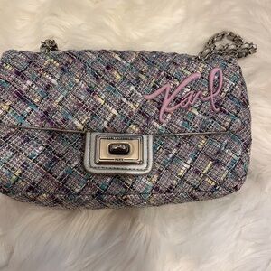 Karl Lagerfeld Tweed Shoulder Bag in Purple, Pink, Teal